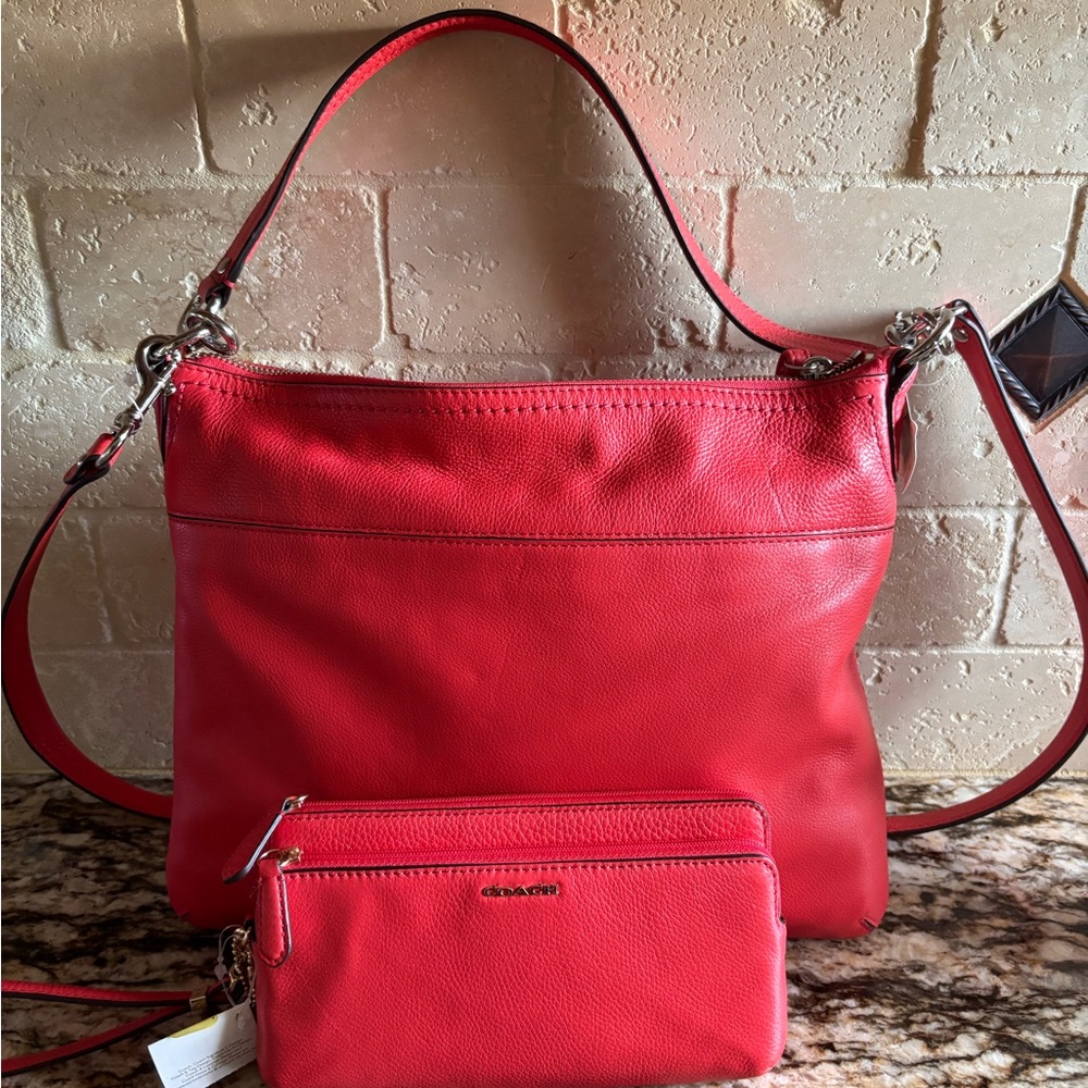 Coach Vibrant Red Leather Shoulder Bag with Matching Wristlet